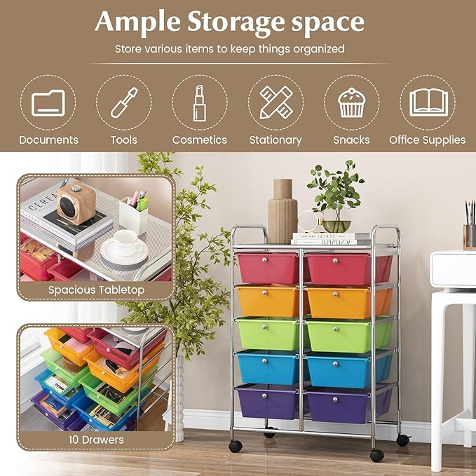 RELAX4LIFE Rolling Storage Cart with 10 Drawers - Craft Storage Cart with Lockable Wheels,Utility Cart, Art Cart Organizer for Crafting Storage, Studio, Office, School Rolling Drawer Cart (Rainbow)