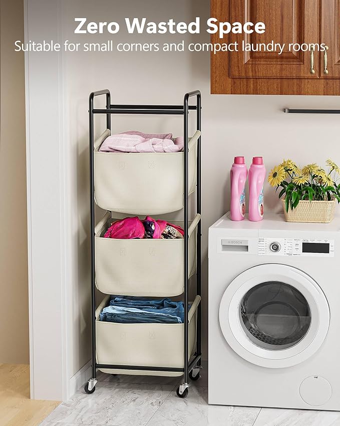 3 Section Laundry Sorter with Removable Bags, 120L Rolling Vertical Laundry Hamper, Stackable Laundry Baskets organizer for Bathroom, Apartment, Dorm (Beige, With Wheel)