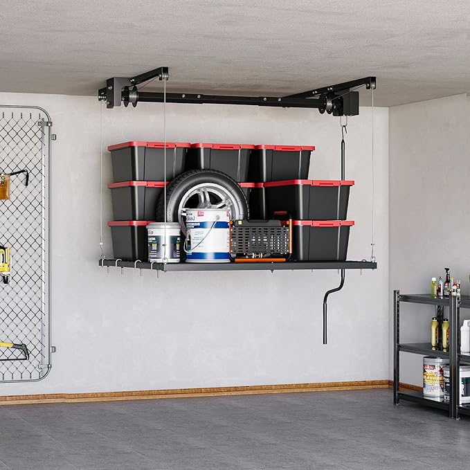 GarveeHome Adjustable 4x4 ft Ceiling Storage Rack, Heavy Duty Overhead Garage Rack with 250 Lb Capacity and Auto Safety Lock, Ideal for Attic and Basement Organizing