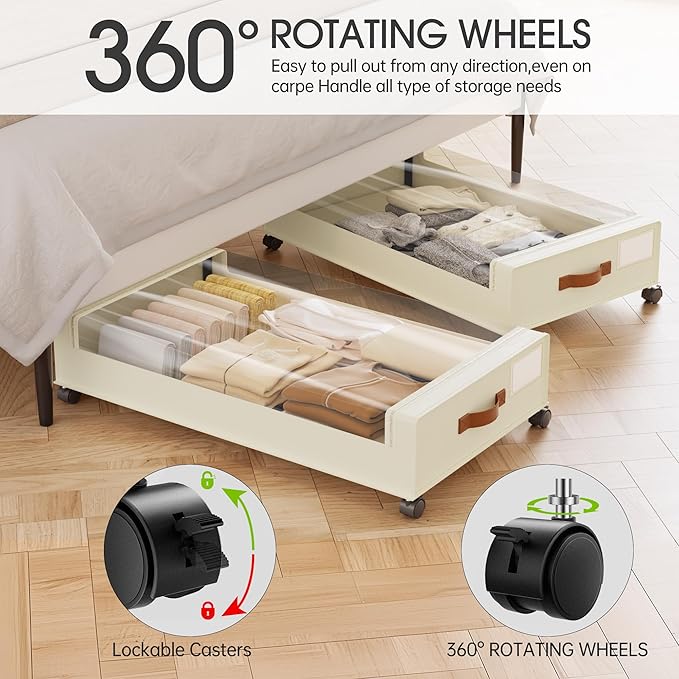 Yecaye Under Bed Storage with Wheels, 2 Pack Under Bed Storage Containers, 60L Underbed Shoe Storage with Clear Window & Label, Rolling Under Bed Metal Drawer for Clothes, Shoes, Books, Blankets