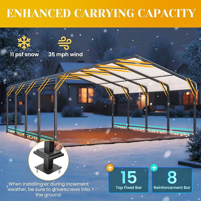 20x20 FT Car Port, Metal Carport for 2 Cars, Heavy Duty Canopy Carport with Updated Roof & Enhanced Base, Garage Vertaile Carports for RV Car, Truck, Boat, Tractors, Party, Grey