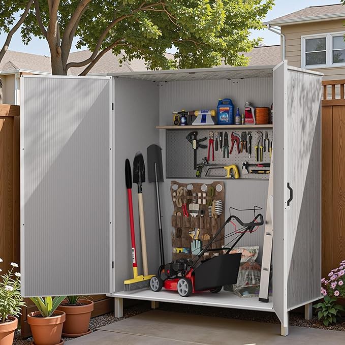 Patiowell 5x3 FT Resin Outdoor Storage Shed with Floor, Plastic Waterproof Outdoor Storage Cabinet, Garden Organizer Shed with Lockable Door for Patio Furniture, Pool Accessories, Light Gray