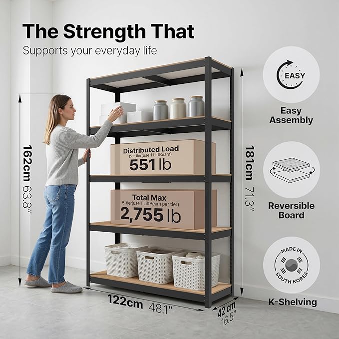 HOMEDANT House 5 Tier Heavy Duty Garage Shelving Adjustable Metal Rack Storage Shelves Standing Shelf Unit Organizers Pantry Closet Office (1, Black, 48.1" W x 16.5" D)