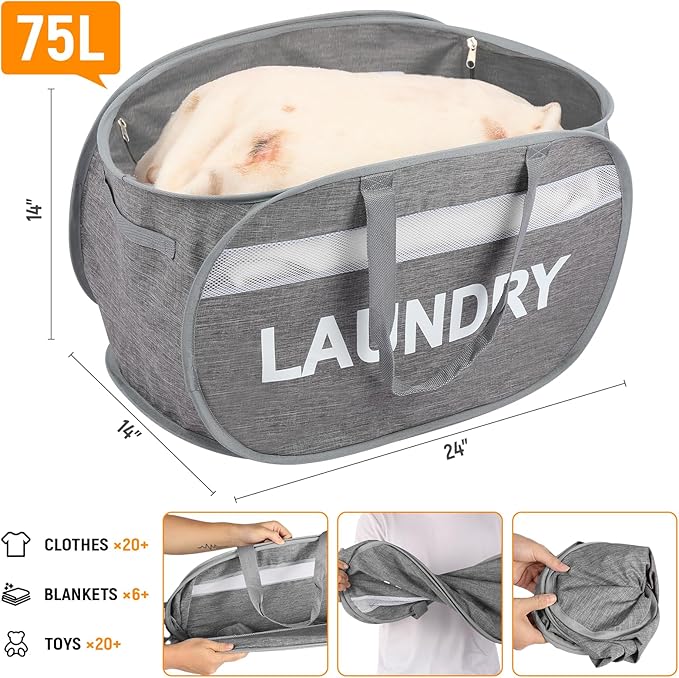 Collapsible Laundry Baskets with Lid, Foldable Clothes Hamper with Reinforced Handles, Sturdy Pop Up Hampers for Laundry, Tear Proof & Easy to Carry Laundry Hamper for Home, Dorm, Travel Grey
