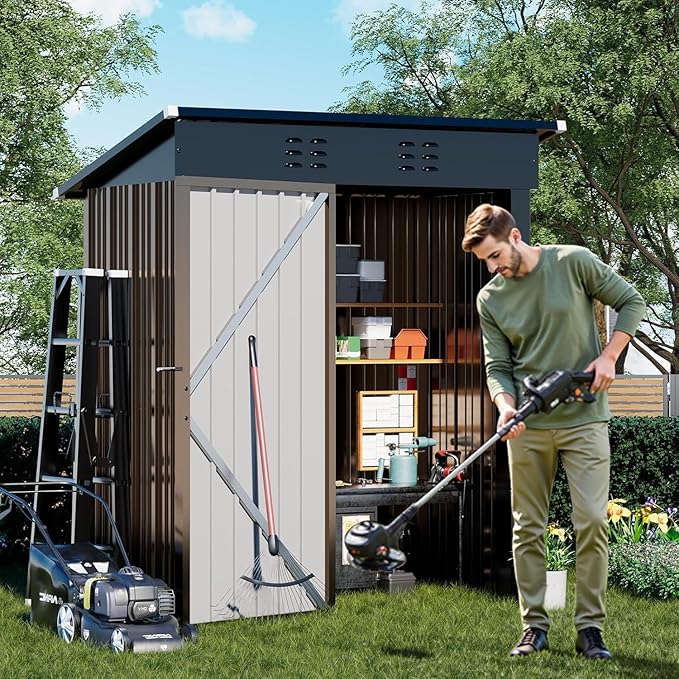 COMHOMA Shed Outdoor Storage Shed Metal,Lockable Doors Tool Sheds with Sloping Roof,Steel Garden Shed with Air Vent for Backyard,Patio,Lawn,Poolside(Brown,5'*3')