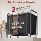 Tajsoon 450L Large Rolling Laundry Hamper with Wheels, 2-Section Commercial Laundry Sorter with Handle, Laundry Basket for Clothes Storage, Laundry Cart for Hotel, Bathroom, Bedroom, Black
