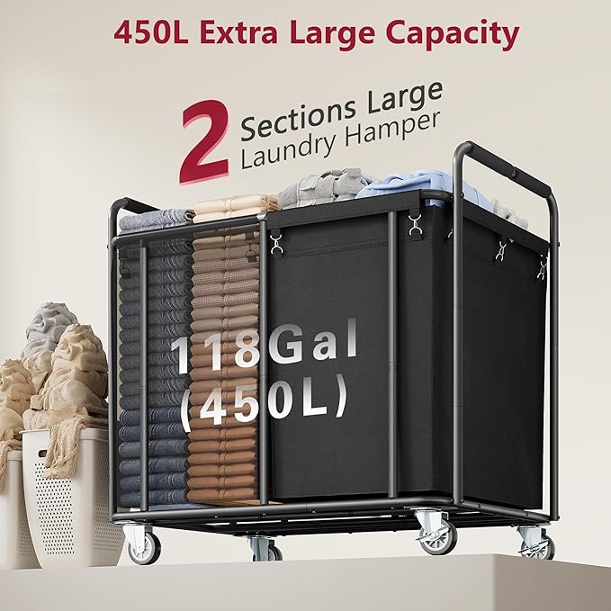 Tajsoon 450L Large Rolling Laundry Hamper with Wheels, 2-Section Commercial Laundry Sorter with Handle, Laundry Basket for Clothes Storage, Laundry Cart for Hotel, Bathroom, Bedroom, Black