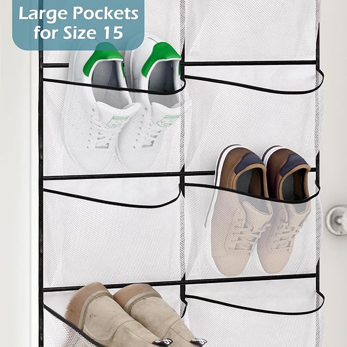 KIMBORA Over The Door Shoe Organizer 12 Large Mesh Pockets Boots Hanging Storage Shoe Rack for Closet White