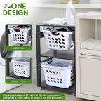Laundry Basket Holder Shelf (2-Tier) - Stackable Engineered Wood Laundry Tower with Wheels, Tiered Laundry Hamper Organizer for Bathroom, Bedroom