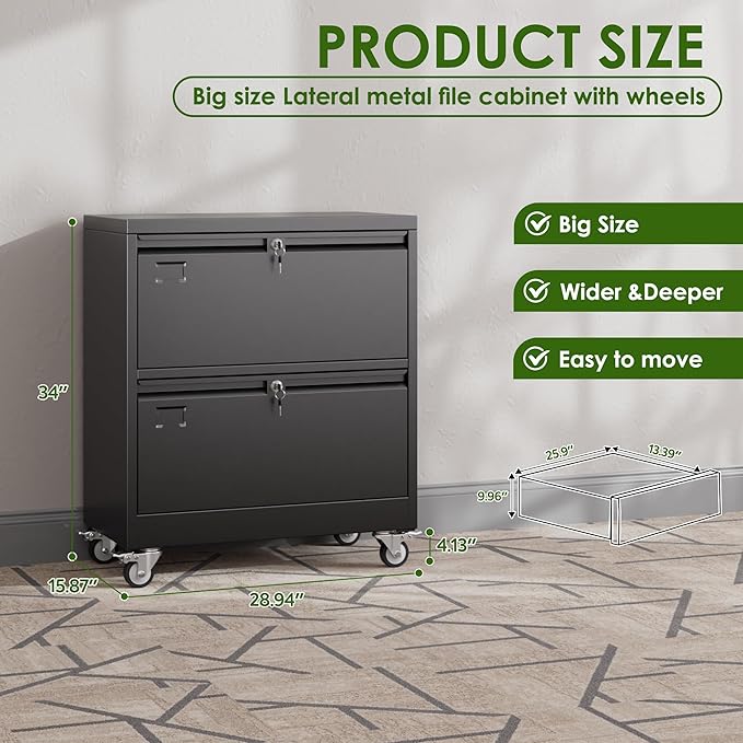 Aobabo 2 Drawer Lateral File Cabinet with 4 Detachable Wheels,Steel Filing Storage with Independent Locks and Index Card Holders for Home Office, 15.87" D x 28.94" W x 34" H, Black,Required Assembly