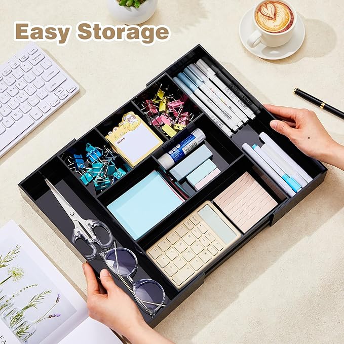 1 Pcs Acrylic Desk Drawer Organizer 9'' up to 18'' x 12'' x 2.1'' Expandable Drawer Organizer Trays with 8 Adjustable Compartments Black Desk Accessories for Makeup Office Bathroom