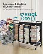 SONGMICS 4-Section Laundry Sorter, Laundry Hamper with Wheels, Rolling Clothes Hamper Cart with Large Capacity and Removable Bags, for Laundry Room, Bedroom, Bathroom, Ink Black URLS460B01