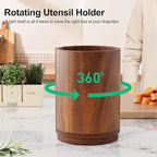 ZUJJAFY Utensil Holder, 360° Rotating Acacia Wood Kitchen Utensil Holder for Counter, 7.2" Large Cooking Utensil Crock for Countertop, Wooden Utensils Organizer for Cooking Spatula Storage