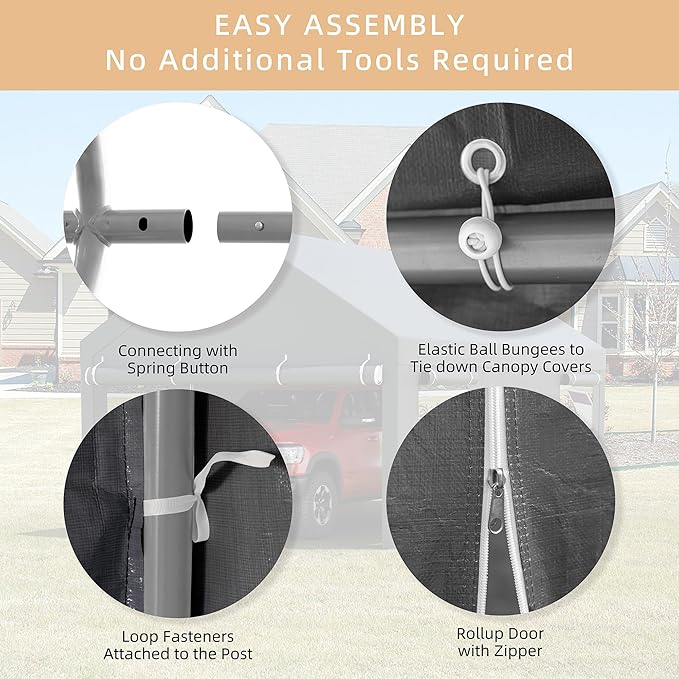 JY QAQA Carport, 12x20 FT Heavy Duty Carport with Roll-Up Window and Sandbags, Portable Garage with Removable Side Walls and Doors, Car Canopy with All-Season Tarp for Cars, Trucks, Boats, Grey