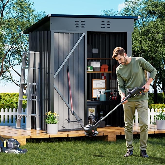 COMHOMA Shed Outdoor Storage Shed Metal,Lockable Doors Tool Sheds with Sloping Roof,Steel Garden Shed with Air Vent for Backyard,Patio,Lawn,Poolside(Grey,5'*3')