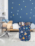 QUEENLALA Large Storage Basket,Laundry Hamper/Bathroom/Home Decor/Collapsible Round Storage Bin,Boys and Girls Hamper/Boxes/Clothing（Round-Yellow Star Astronaut）