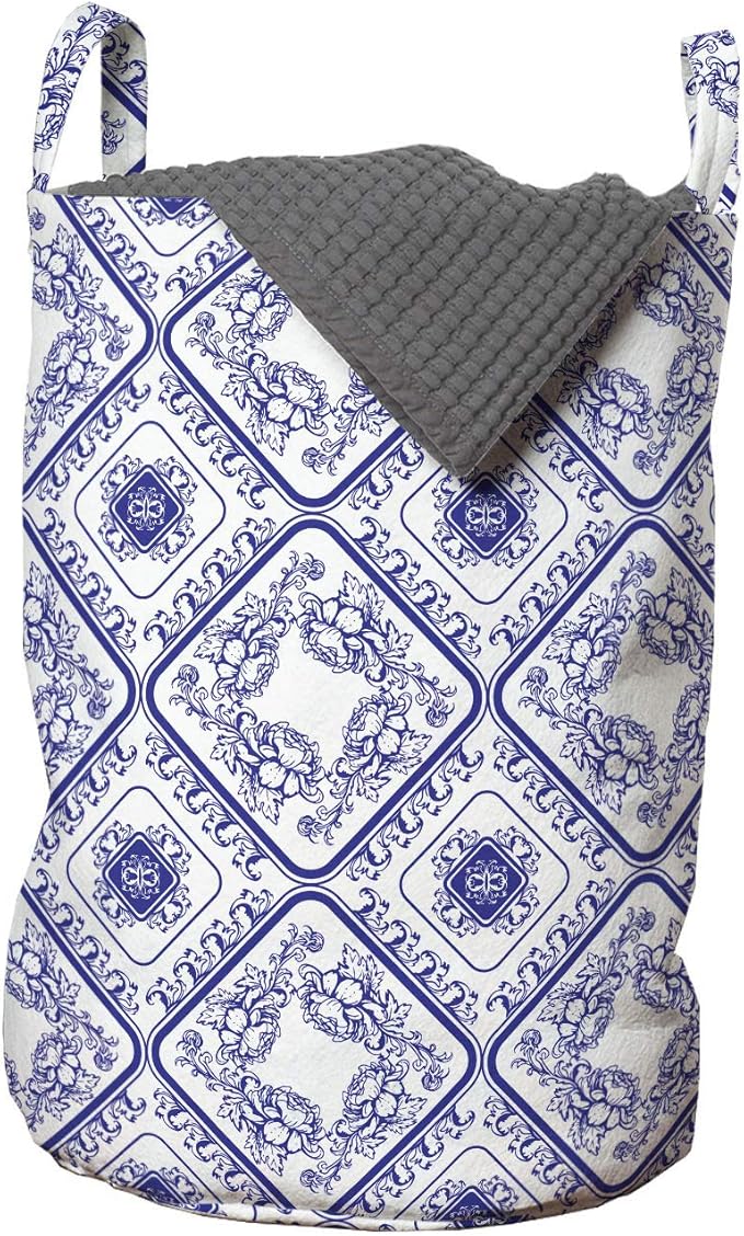 Ambesonne Floral Laundry Bag, Arts and Craft Theme Flower Pattern on Porcelain Inspired Texture Graphic Print, Hamper Basket with Handles Drawstring Closure for Laundromats, 13" x 19", Blue White