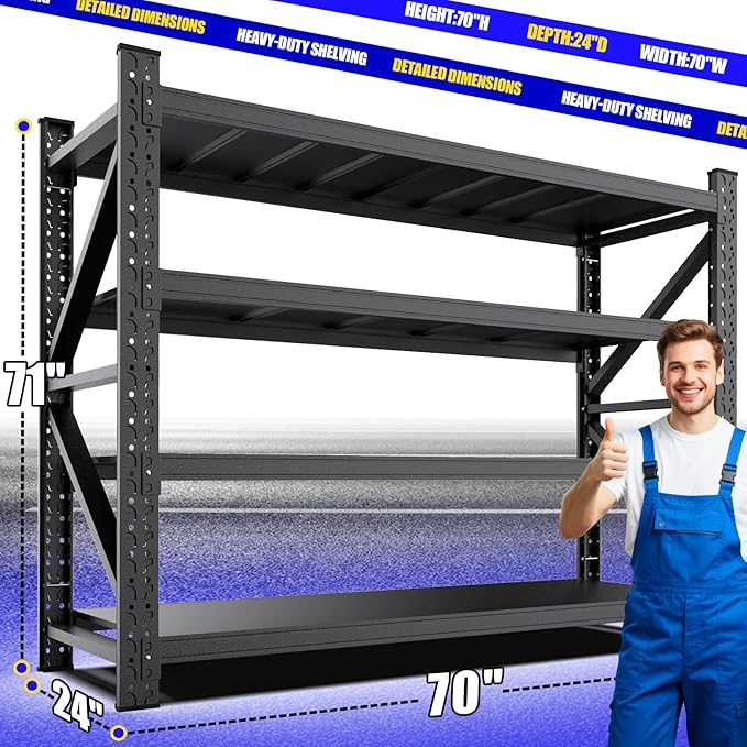 8000LBS Garage Shelving Heavy Duty, 4-Tier Metal Shelving Unit, Large Adjustable Garage Shelves, Easy Assembly Utility Storage Rack Shelf for Warehouse, Basement, Pantry, 71” H×70” W×24” D