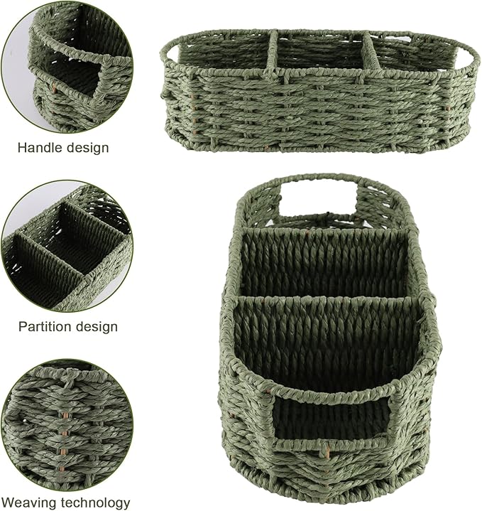 Over the Toilet Paper Organizer,Woven Wicker Storage Basket with Handle for Toilet Tank Top,3-Compartment Rope Toilets Paper Tray Organizer for Bedroom Living Room,Bathroom Toilets Roll Holder
