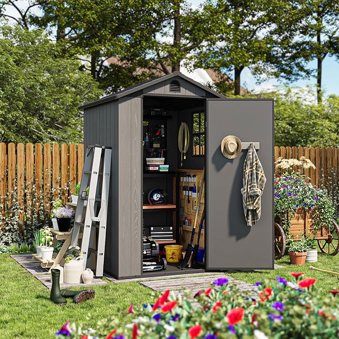 Patiowell 4' x 4' Outdoor Storage Shed with Floor, Plastic Shed Outside Resin Tool Shed with Window and Lockable Door for Backyard Garden Patio Lawn, Deep Gray