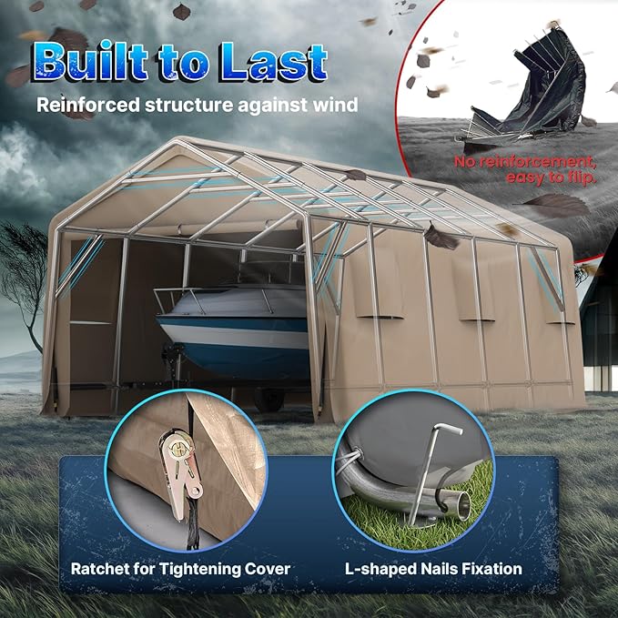 ADVANCE OUTDOOR 13x20 ft Carport 2 Roll up Doors & Vents Outdoor Portable Storage Shelter Garage Tent for Vehicle Boat Truck Anti-UV Snow Resistant Waterproof, Beige