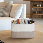Small Cotton Rope Storage Basket with Leather Handles, 15 "L x 11.5" W x 7.5 "H, Home Decor Basket, Durable & Stylish Organizer for Home.(Small Brown)
