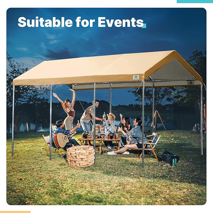 ADVANCE OUTDOOR 10x20 ft Heavy Duty Carport, Adjustable Height Garage Car Canopy Party Tent Boat Shelter, Beige