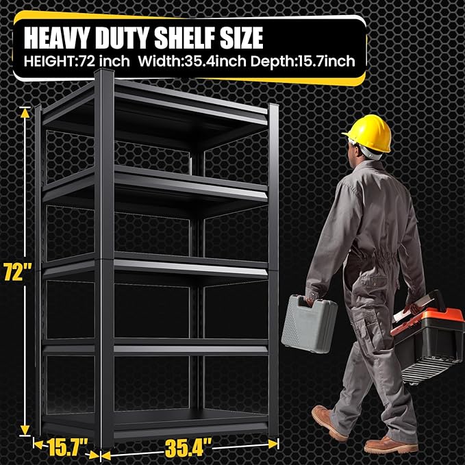 5-Tier Garage Shelving Heavy Duty, 2500LBS Garage Shelves, Adjustable Metal Shelving Unit, Garage Storage Shelves, Utility Storage Rack Shelf，Shelves for Garage Storage, 72" H×35.4" W×16" D