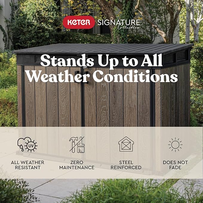 Keter Signature Collection All Weather Outdoor Storage Shed – Durable Resin Garden Shed with Built‑in Ventilation, & Lockable Double Doors – Walnut Finish