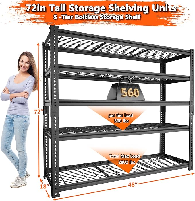 Storage Shelves Heavy Duty, 48" L x 18" W x 72" H Garage Wire Shelving Unit Loads 2800LBS, 5-Tier Adjustable Metal Industrial Utility Shelf Rack for Kitchen, Laundry Room, Pantry, Warehouse, Basement