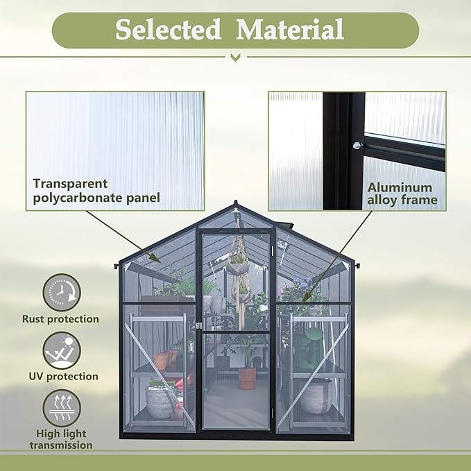 Large Walk-in Clear Polycarbonate Greenhouse with Rain Gutters & Adjustable Roof Vent - Sturdy Aluminum Frame Outdoor Plant House for Vegetable, Flower & Garden Growth-Outbuilding (6x12 ft)