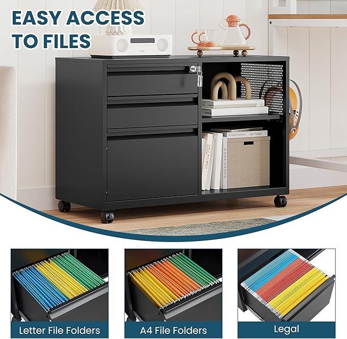 MIIIKO File Cabinet 3 Drawer, Mobile Filing Cabinets with Shelf, Home Office Rolling File Storage Cabinet with Lock, Metal Printer Stand with Casters Office Storage A4, Letter Legal File Folders