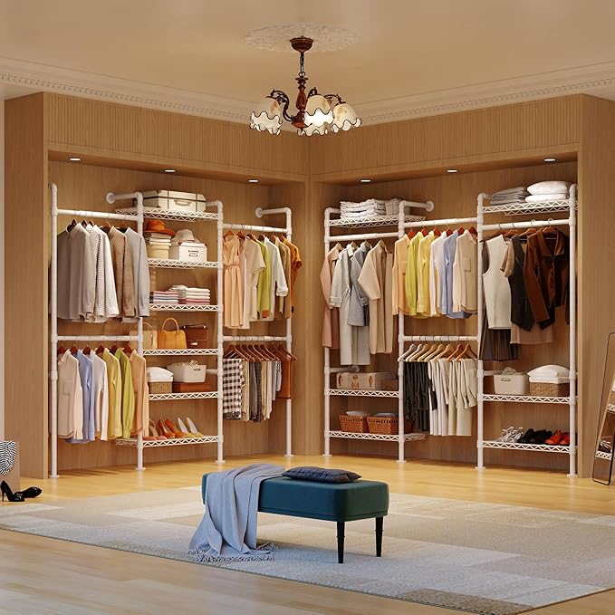 ONBRILL H3 Wall Mounted Closet System, Expandable Industrial Pipe Clothes Rack Clothing Rack for Hanging Clothes, Heavy Duty Closet Organizers and Storage in Wardrobe Closet, White