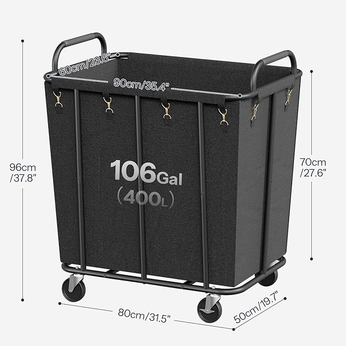 HOOBRO 106 Gal (400 L) Laundry Hamper with Lockable Wheels, Heavy Duty Rolling Laundry Cart, Laundry Sorter with Removable Bag, Laundry Basket Organizer, Waterproof Oxford Cloth, Black BB20XY01