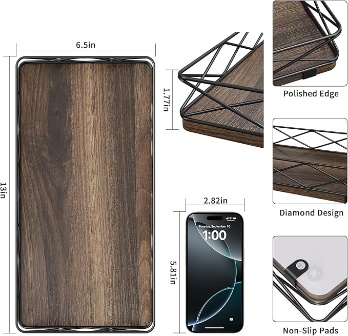 Toilet Paper Basket Holder, 13" Toilet Tank Tray, Wood and Metal Toilet Tray Vanity Organizer Bathroom Tray, Kitchen Sink Organizer for Soap Dispenser (Brown+Black)