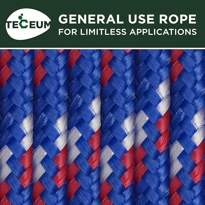 TECEUM Rope – 90 Feet x 1/4 Inch (7mm) – Patriot Mix – Strong All-Purpose Utility Rope – Camping, Crafting, Flag Pole, Indoor & Outdoor – Polypropylene Nylon Poly Lightweight Diamond Braided Cord