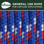 TECEUM Rope – 90 Feet x 1/4 Inch (7mm) – Patriot Mix – Strong All-Purpose Utility Rope – Camping, Crafting, Flag Pole, Indoor & Outdoor – Polypropylene Nylon Poly Lightweight Diamond Braided Cord