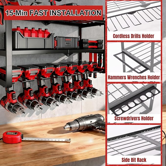 Power Tool Organizer Wall Mount, 150Lbs 3 Layer Metal Tool Storage Rack with 7 Cordless Drill Holder Heavy Duty, Battery Drills Storage Tool Organizer for Workshop,Garage,Tool Room,Pegboard