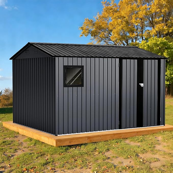 10' x 8' XL Outdoor Storage Shed, Sturdy Metal Building w/Floor and Operable Window for Garden, Backyard, Poolside and Lawn, Black