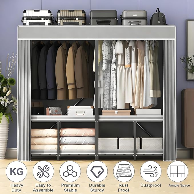 95% Assembled Heavy Duty Garmen Clothes Rack, 59" Lx68 H Freestanding Flodable Strong Portable Clothing Rracks with Cover,Black