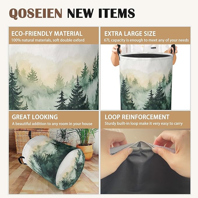 Large Laundry Basket,Green Forest Collapsible Laundry Baskets,Misty Mountains Waterproof Oxford Hamper with Handles for Bathroom Bedroom Nursery Home Storage 16"x20"