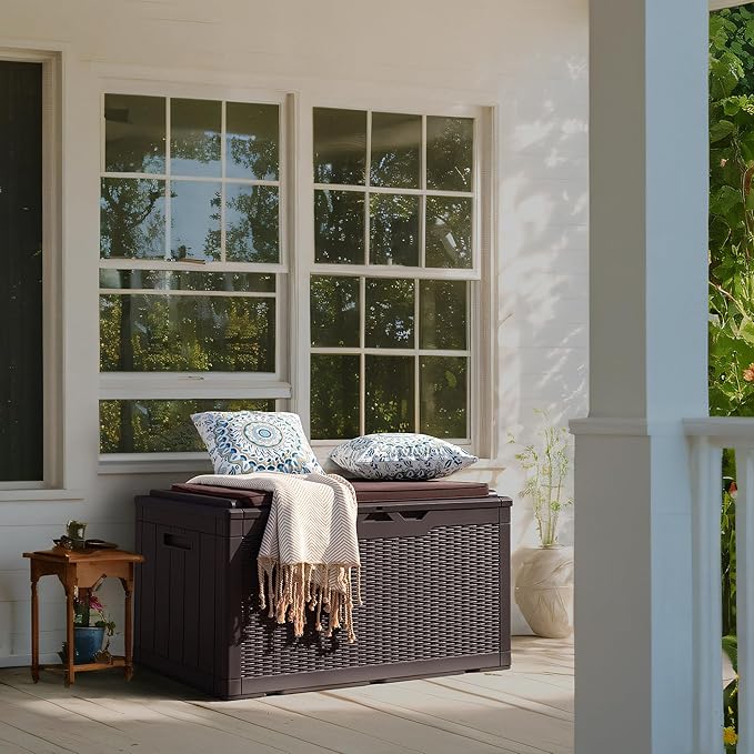 Flamaker Deck Box with Cushion 98 Gallon Waterproof Resin Storage Box with Air Rod Indoor Outdoor Lockable Storage Bench for Patio Furniture, Tools, Pool Accessories (Deep Brown)
