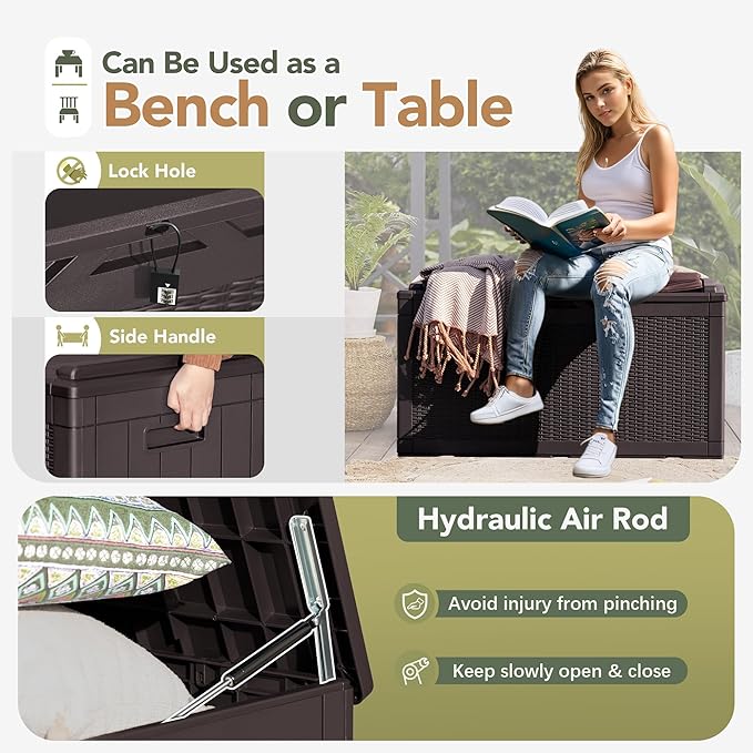 Flamaker Deck Box with Cushion 98 Gallon Waterproof Resin Storage Box with Air Rod Indoor Outdoor Lockable Storage Bench for Patio Furniture, Tools, Pool Accessories (Deep Brown)