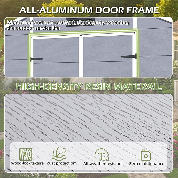 8 x 8 FT Plastic Garden Shed, Resin Outdoor Storage Shed with Floor, Lockable Doors & Windows, Plastic Tool Shed for Poolside, Backyard, Patio