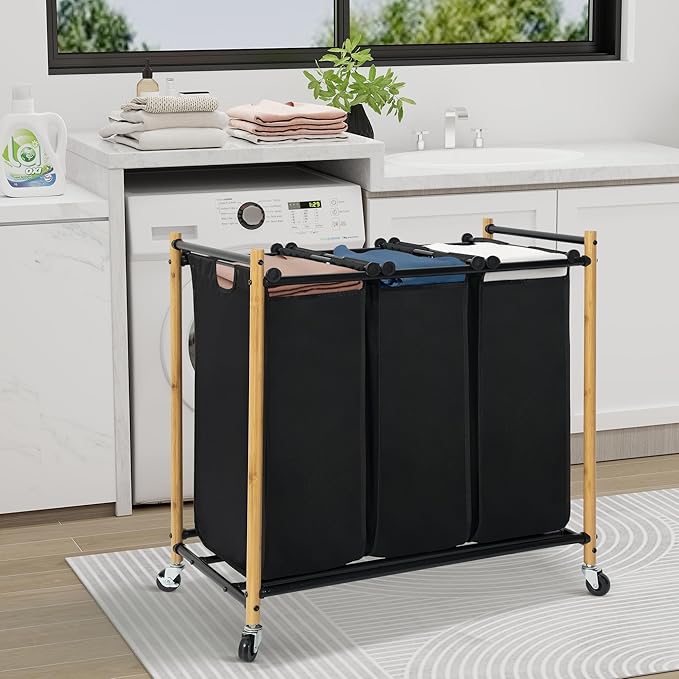 Laundry Sorter Hamper with Wheels, Heavy-Duty Laundry Basket Sorter Rolling Cart with Lockable Wheels and Removable Bags, Laundry Cart 3 Sections, Bamboo