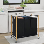 Laundry Sorter Hamper with Wheels, Heavy-Duty Laundry Basket Sorter Rolling Cart with Lockable Wheels and Removable Bags, Laundry Cart 3 Sections, Bamboo