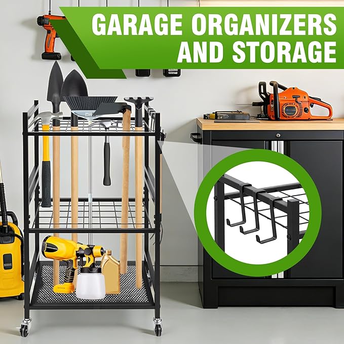 REDCAMP Garden Tool Organizer,Yard Tool Tower Rack for Garage,3 Tier Metal Yard Tools Storage up to 35 Long-Handled Tools/Rakes/Brooms, Heavy Duty Garden Tool Organizer for Garage, Yard, Patio, Shed