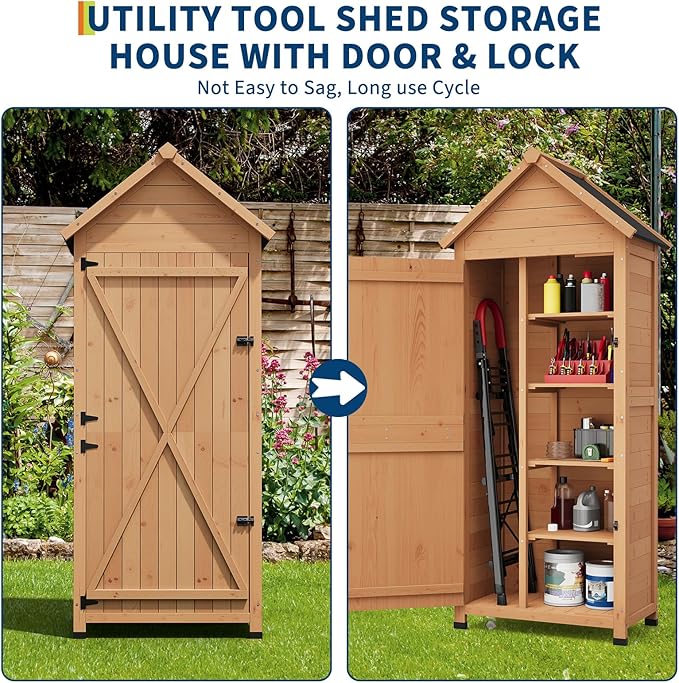 GarveeLife Outdoor Wooden Storage Shed Waterproof, 63 in Vertical Outdoor Storage Cabinet with 4 Shelves & Lockable Door, Space-Saving Garden Tool Shed for Patio, Yard, Lawn