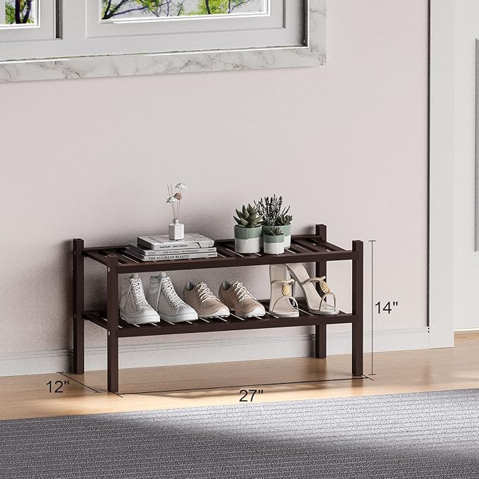 2 Tier (Thick) Bamboo Shoe Rack for Closet Free Standing Wood Shoe Shelf for Entryway Small Space Stackable 27"x12"x14" (Black Brown)