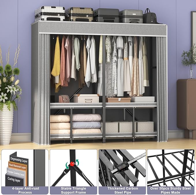 95% Assembled Heavy Duty Garmen Clothes Rack, 59" Lx68 H Freestanding Flodable Strong Portable Clothing Rracks with Cover,Black